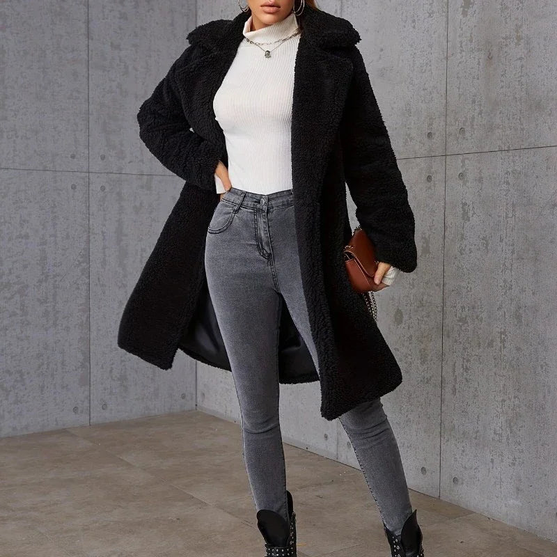 Teddy Jacke Damen Schwarz Lang
